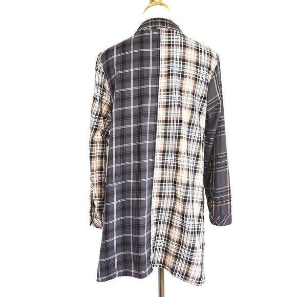 J.Jill Long Multi Plaid Button Down Blouse Tan Black White Size Medium Petite - Picture 4 of 14